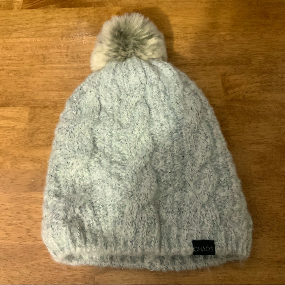 Chaos Brand Beanie Hat Knit Exterior Fleece Lined Color Gray One Size